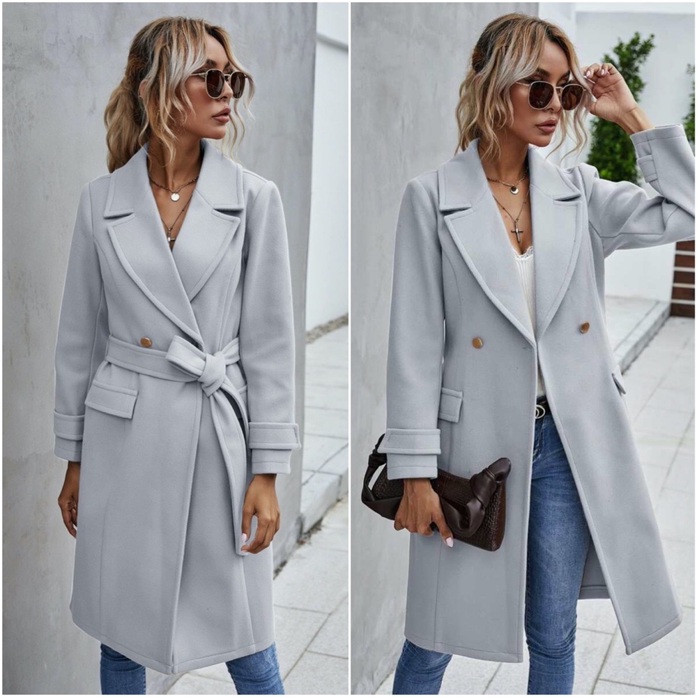 Trench Coat Double Breast Buttons belt pea coat - Picture 14 of 16
